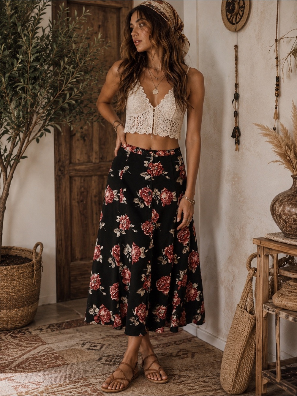 Avenue Collection Black Floral Midi Skirt Plus Size 14/16 Button Front vintage